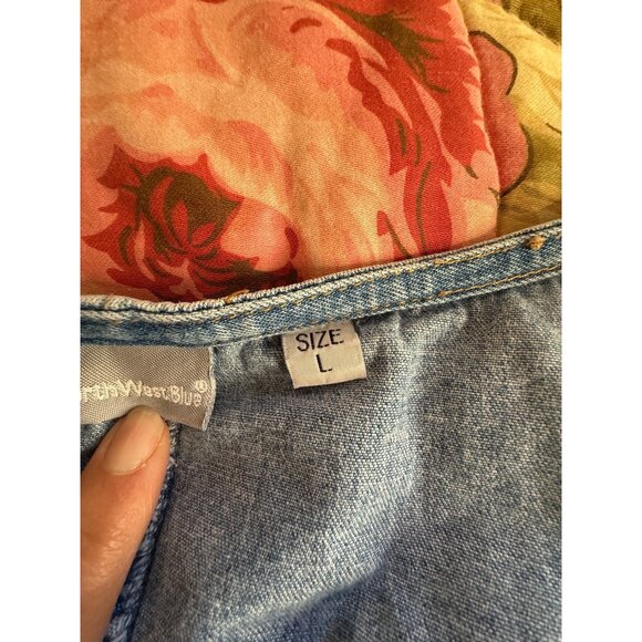 Vtg 90 Denim Jumper Maxi Dress L Front Zipper Pockets Modest Country Teacher Y2K - Picture 8 of 16